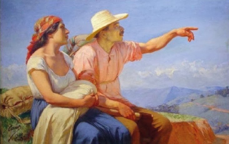 Cantina: un cuadro costumbrista de una pareja campesina sentada, él señalando las montañas.